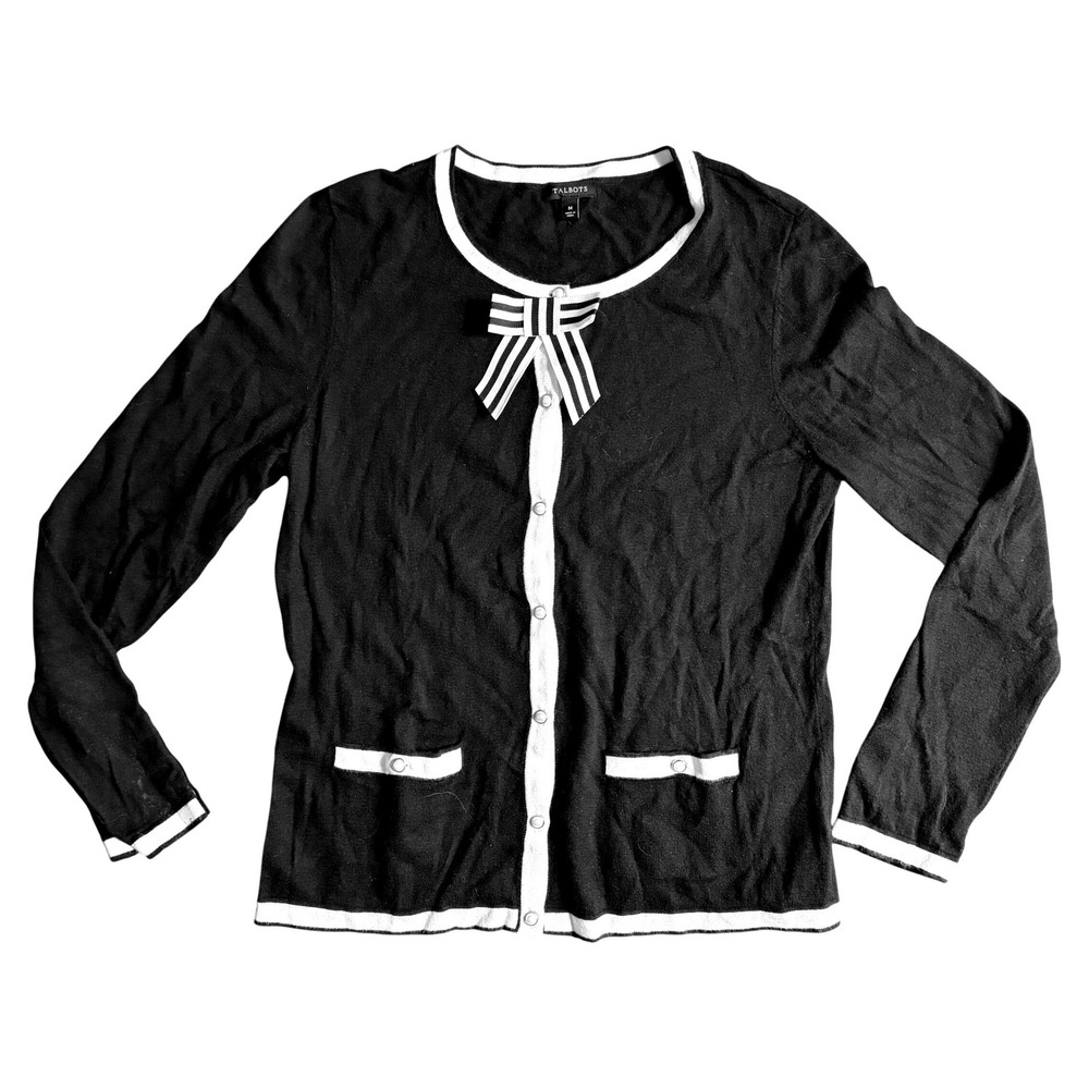 Talbots Womens Black White Bow Accent Cotton Cashmere Cardigan Sweater Size M